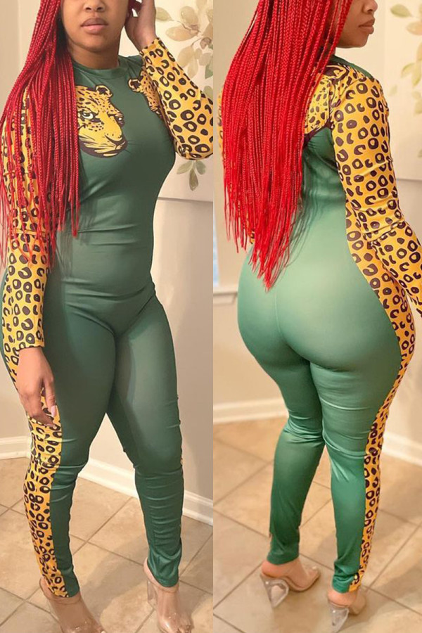 Green Fashion Casual Print Patchwork O Neck Skinny Jumpsuits