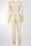 Apricot Casual Solid Tassel Patchwork O Neck Long Sleeve Two Pieces
