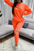 Orange Fashion Casual Adult Polyester Solid Split Joint O Neck Long Sleeve Regular Sleeve Regular Two Pieces
