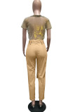 Khaki British Style Solid Buttons With Belt Regular Mid Waist Pencil Bottoms