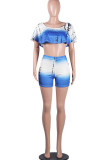 Blue Fashion Celebrities adult Ma'am Print Two Piece Suits HOLLOWED OUT pencil Short Sleeve Two Pieces
