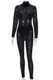 Black Sexy Print See-through O Neck Regular Jumpsuits