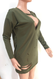 Olive Green Sexy Solid Ripped V Neck Tops