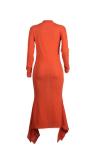 Wine Red Polyester Street Fashion adult Cap Sleeve Long Sleeves Mandarin Collar Asymmetrical Floor-Length Pat