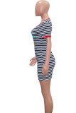 Green Polyester Casual Red Green Short Sleeves O neck Step Skirt Mini Striped Print Dresses