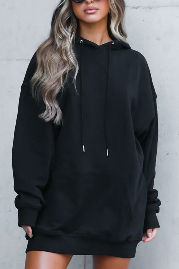 Black Fashion Casual Sportswear Blends Patchwork Solid Split Joint Draw String Hooded Collar Long Sleeve Mini Straight Dresses