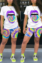 purple Polyester Fashion Active Casual Patchwork Print Tie Dye Straight Short Sleeve Two Pieces