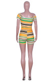 Yellow Polyester Sexy Fashion Striped Print Patchwork Straight Short Sleeve
