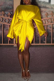 Yellow Fashion Sexy Party Polyester Satin Solid Basic Knotted O Neck Long Sleeve Knee Length Pencil Skirt Dresses