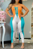 Pink Fashion Sexy Patchwork Backless Strapless Skinny Jumpsuits