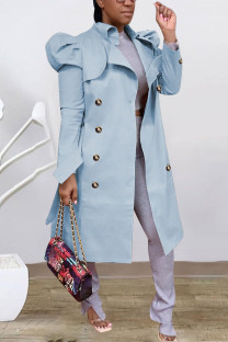 Sky Blue Casual Solid With Belt Turndown Collar Outerwear