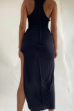 Black Casual Slit O Neck Irregular Dress Dresses