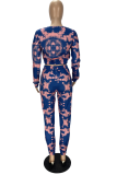 Blue Casual Print Patchwork O Neck Long Sleeve Two Pieces