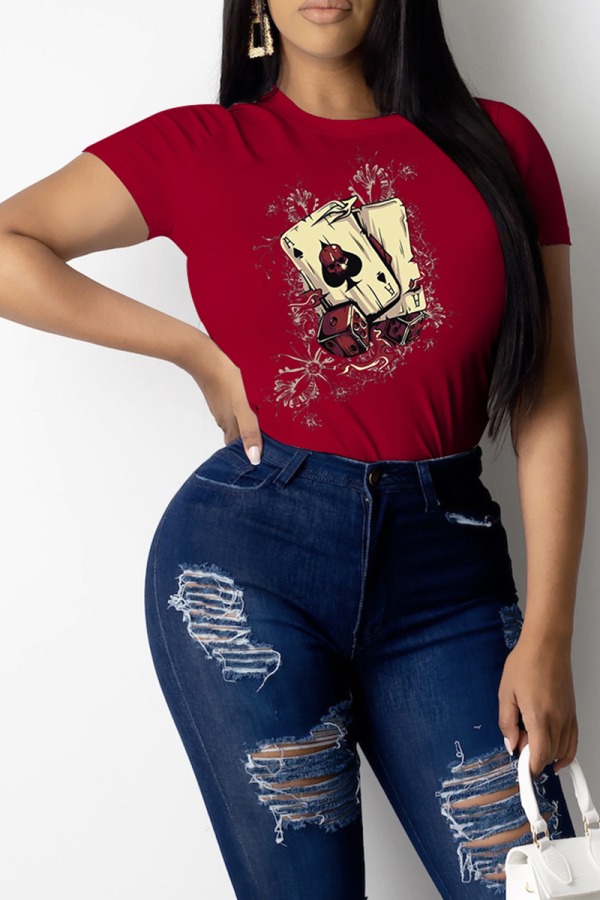 Red Casual Character Patchwork O Neck Tops