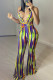 Yellow Fashion Sexy Print Backless V Neck Regular Jumpsuits