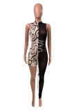 Burgundy Fashion Sexy Print Split Joint See-through Half A Turtleneck Skinny Jumpsuits