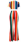 Red Elastic Fly High Print Striped Loose Pants Two-piece suit
