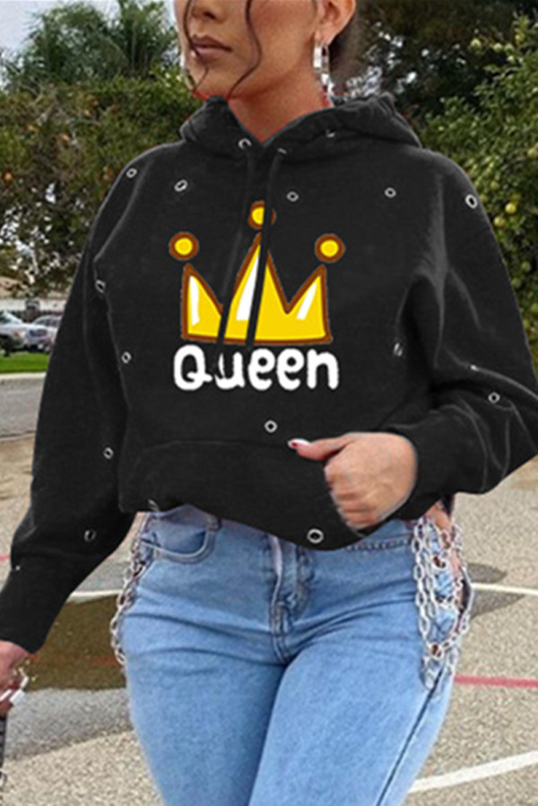Black Fashion Casual Print Basic Hooded Collar Tops