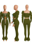 Army Green Street Solid Bandage Square Collar Long Sleeve Two Pieces
