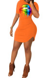Orange Fashion Casual Black Blue Orange Cap Sleeve Short Sleeves O neck Step Skirt skirt Print lip Dresses