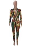 Green Sexy National Totem V Neck Long Sleeve Two Pieces