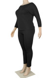 Black Fashion Sexy Adult Ma'am Cotton Solid Two Piece Suits Stitching O Neck Plus Size