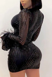 Black Sexy Striped Split Joint See-through Fold V Neck Pencil Skirt Dresses
