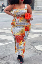 Orange Sexy Print Split Joint Square Collar Pencil Skirt Plus Size Dresses