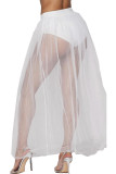 White Polyester Sleeveless High Patchwork Solid perspective Mesh Loose Pants Bottoms