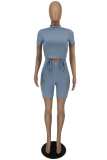 Light Blue Casual Solid Draw String Half A Turtleneck Short Sleeve Two Pieces