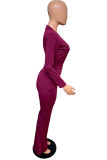 fuchsia British Style Polyester Print Solid O Neck Skinny Jumpsuits