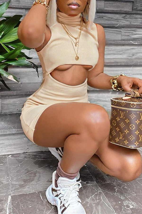 Apricot Sexy Solid Hollowed Out Without Belt Turtleneck Sleeveless Dress