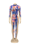 Rose Red Sexy Patchwork Tie-dye Zipper Collar Skinny Jumpsuits