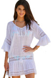 White Polyester Fashion Sexy Ruffled Sleeve Half Sleeves O neck Asymmetrical Knee-Length Patchwork Solid