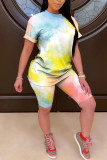 Multi-color Casual Print Straight Short Sleeve Two Pieces