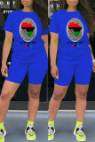 Blue Fashion Casual Print Basic O Neck Short Sleeve Two Pieces