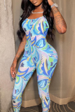 Blue Sexy Print Split Joint Spaghetti Strap Skinny Jumpsuits