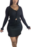 Black Fashion Casual adult Ma'am Solid Two Piece Suits A-line skirt Long Sleeve Two Pieces