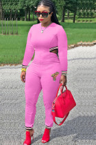 Pink Casual Solid Polyester Long Sleeve O Neck Jumpsuits