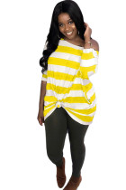 Yellow Polyester pastoral One Shoulder Long Sleeves one shoulder collar Step Skirt Knee-Length Print Stripe