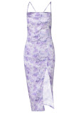 Purple Print Backless High Opening Spaghetti Strap Straight Dresses