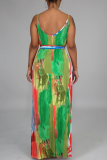 Green Sexy Print Split Joint Spaghetti Strap Straight Dresses