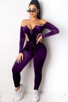 purple Polyester Sexy Solid Two Piece Suits pencil Long Sleeve Two-piece Pants Set