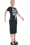 Black Fashion Casual Black Grey Wine Red Cap Sleeve Short Sleeves O neck Pencil Dress Mid-Calf Print Character Dresses