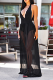 White Sexy Solid See-through Halter Mesh Dress