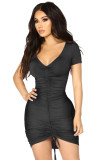 White Fashion Sexy Casual Sleeve Short Sleeves V Neck Slim Dress skirt Solid Draped Dresses