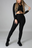 Black Casual Solid Draw String V Neck Long Sleeve Two Pieces