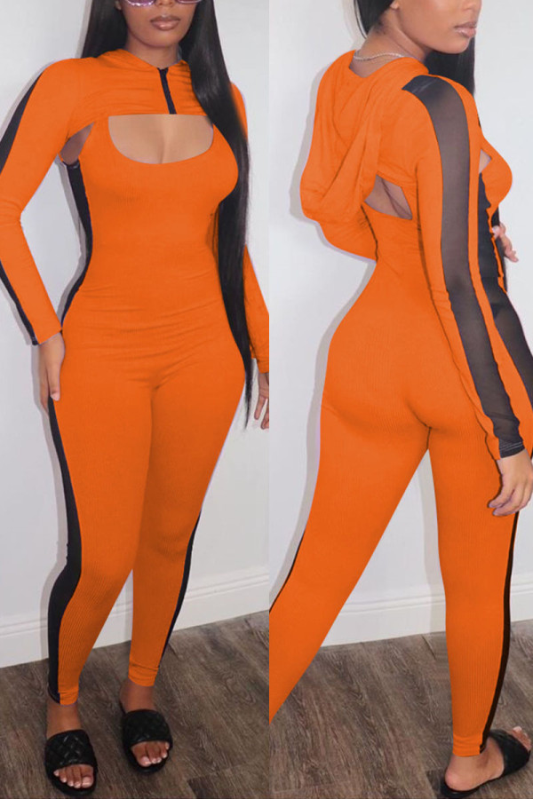 Orange Fashion Sexy Long Sleeve Hooded Collar Regular Sleeve Short Patchwork Two Pieces