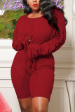 Red Sexy Adult Pit Article Fabrics Solid Fold O Neck Long Sleeve Regular Sleeve Short Two Pieces