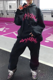 Black Street Print Patchwork Hooded Collar Tops